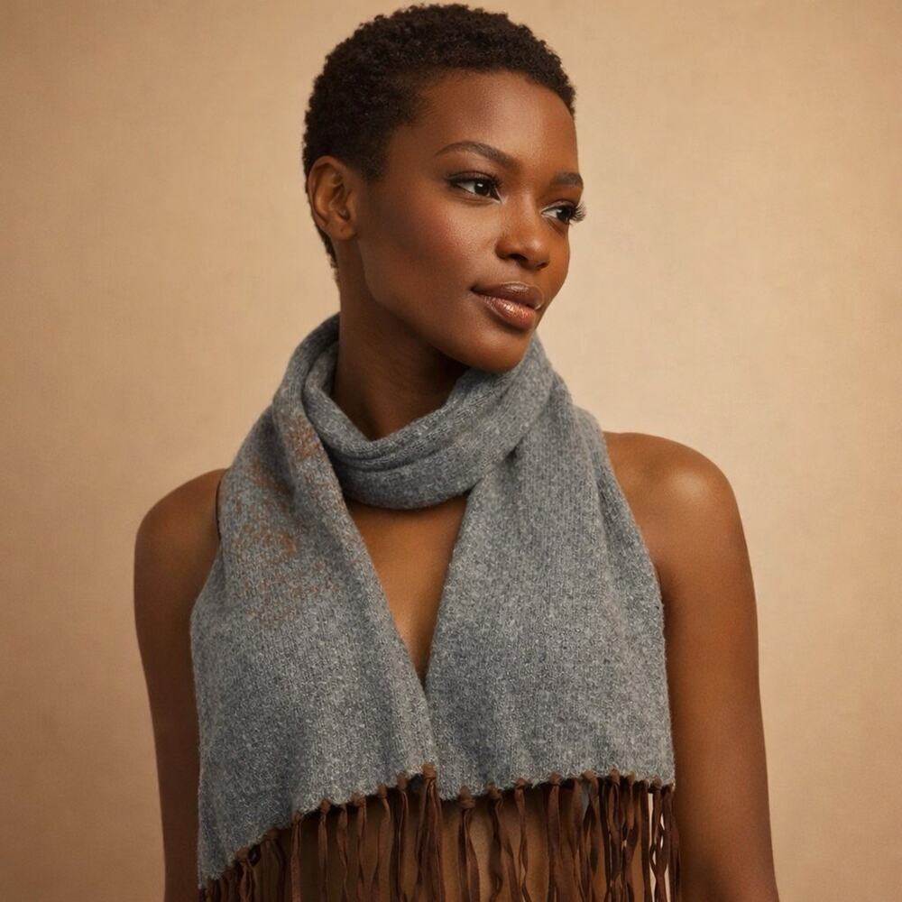 Ralph Lauren Merino Wool Blend Neck Warmer Scarf Blue Tweed Long Fringe Unisex